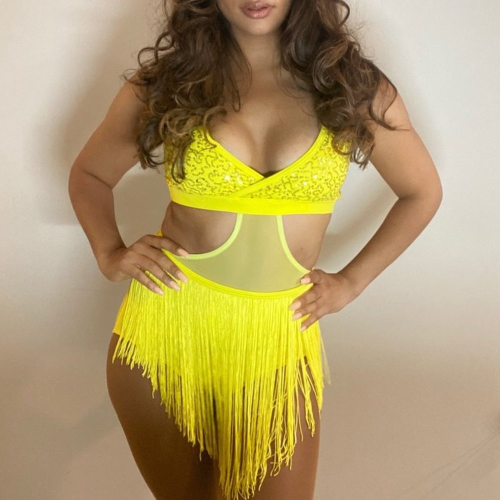 Dance Costume, One-Piece Yellow Sequin & Fringe, Size Adult Medium